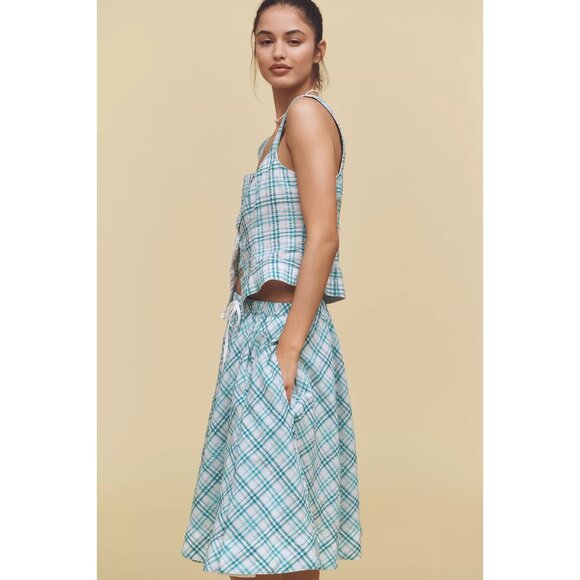 Maeve Drawstring A-Line Cotton Midi Skirt Blue Plaid XL - Picture 3 of 4